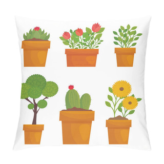 Personality  Gardening Plants And Flowers With Leaves In Pots Vector Design Pillow Covers