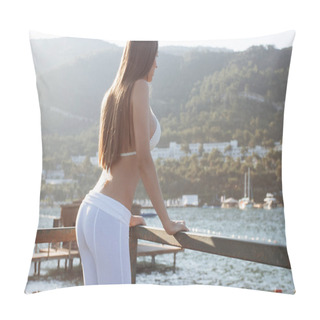 Personality  Side View Of Beautiful Female In Bra Leaning On Railing And Admiring View Of Calm Sea On Sunny Day On Resort Pillow Covers