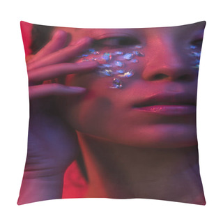 Personality  Close Up View Of Beautiful Asian Girl With Rhinestones On Face, Motion Blur Pillow Covers