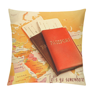 Personality  Passports With Tickets And Text LET'S GO SOMEWHERE On Map Background Pillow Covers