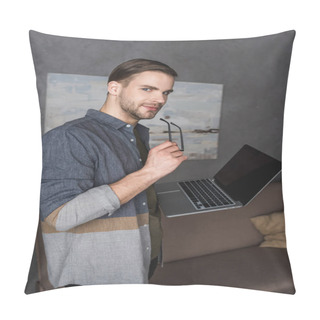 Personality  Young Stylish Businessman With Laptop At Modern Office Pillow Covers