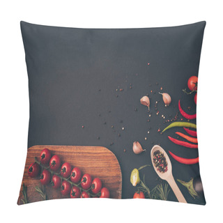 Personality  Top View Of Cherry Tomatoes And Spices On Gray Table Pillow Covers