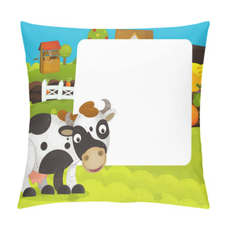 Personality  Cartoon Happy And Funny Farm Scene With Happy Cow - With Frame Space For Text - Illustration For Children Pillow Covers