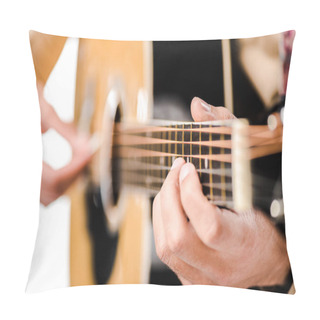 Personality  Selective Focus Of Male Musician Playing On Acoustic Guitar Isolated On White Pillow Covers