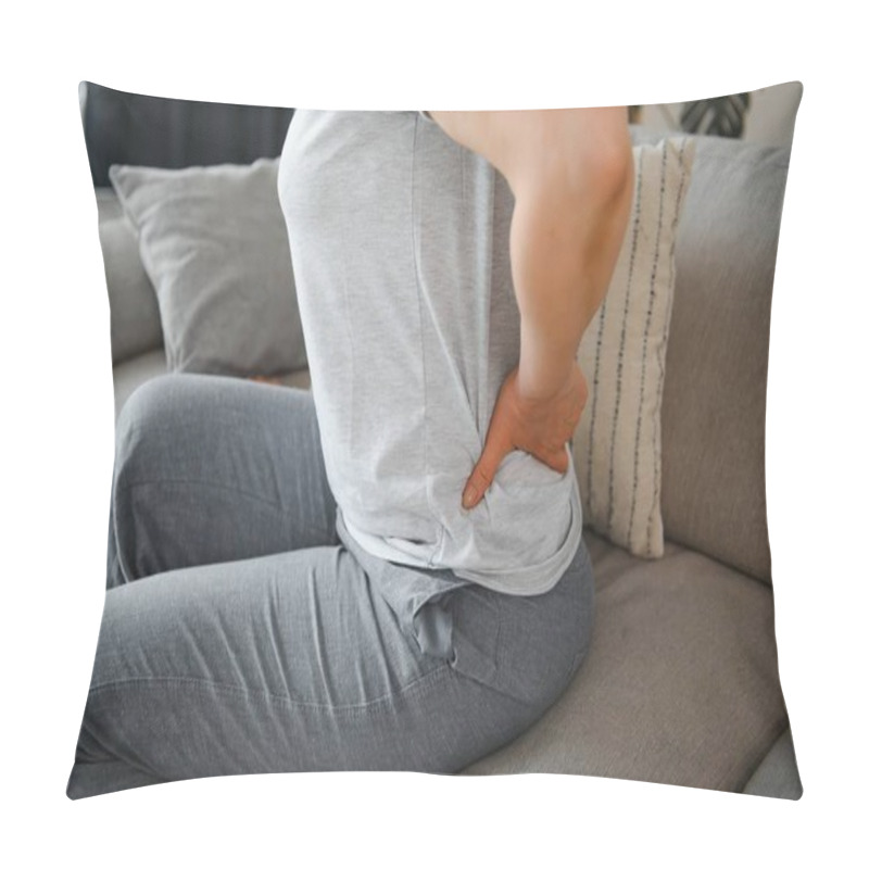 Personality  Woman Stand Up From Chair Touch Back Suffer From Spinal Spasm Or Strain, Sick Mature Female Struggle With Arthritis Radiculitis, Having Backache Or Painful Feeling, Eldercare Concept Pillow Covers
