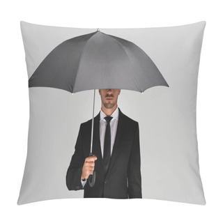 Personality  Confident Businessman In Suit Holding Umbrella Isolated On Grey  Pillow Covers