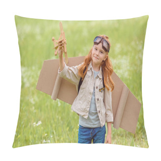 Personality  Portrait Of Little Child In Pilot Costume With Wooden Toy Plane Standing In Meadow Pillow Covers