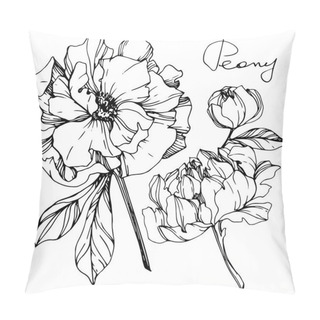 Personality  Vector Isolated Monochrome Peony Flowers Sketch And Handwritten Lettering On White Background. Engraved Ink Art.  Pillow Covers