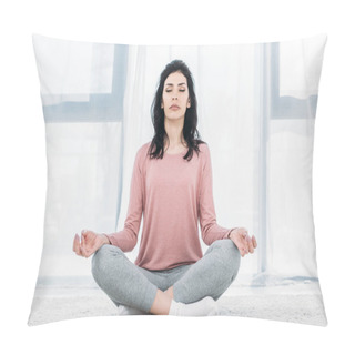 Personality  Beautiful Woman With Eyes Closed In Lotus Pose Practicing Meditation In Living Room At Home  Pillow Covers