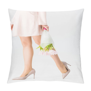 Personality  Cropped View Of  Young Woman Holding Bouquet Of Tulips Isolated On Grey Pillow Covers