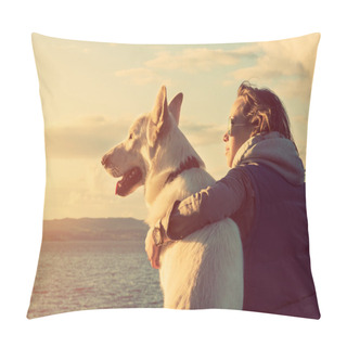 Personality  Young Attractive Girl With Her Pet Dog At A Beach, Colorised Image Pillow Covers
