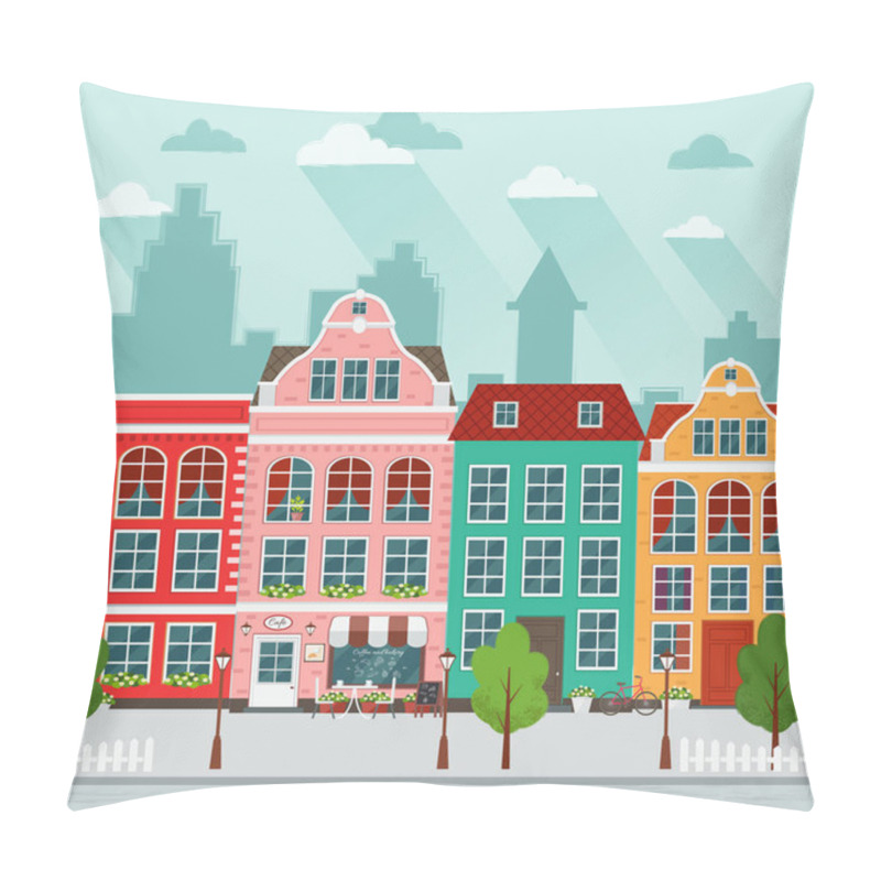 Personality  Vector illustration of european town. Flat design. Old houses. pillow covers