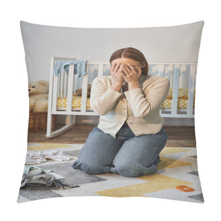 Personality  Young And Grieving Woman Crying Near  Baby Clothes And Crib With Soft Toys In Nursery Room Pillow Covers