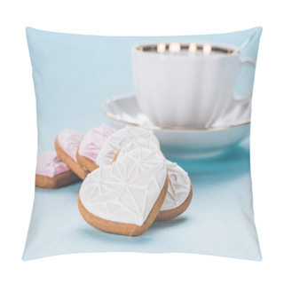 Personality  Close Up View Of Heart Shaped Cookies And Cup Isolated On Blue Pillow Covers