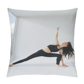 Personality  Brunette Armenian Woman Practicing Runners Twist Pose On White Floor At Home Pillow Covers