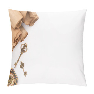 Personality  Top View Of Vintage Keys, Compass And Rolled Aged Paper Isolated On White Pillow Covers