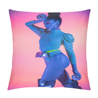 Personality  Fashionable African American Woman With Neon Visage Holding Disco Balls And Looking Away On Pink Background Pillow Covers