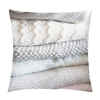 Personality  Winter And Fall Cozy Sweaters Stack, Woolen Sweaters And Blankets Still Life With Air Freshener Pillow Covers