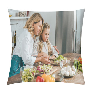 Personality  Happy Adult Mother And Little Daughter Cutting Lettuce For Salad Together At Home Pillow Covers