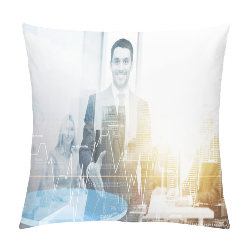 Personality  businessman with open hand ready for handshake pillow covers