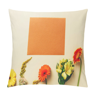 Personality  Flat Lay With Beautiful Flowers And Empty Orange Card Arrangement On Beige Backdrop Pillow Covers