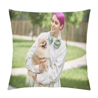 Personality  Smiley Purple-haired Woman With Headphones Walking With Adorable Purebred Doggy In Hands Outdoors Pillow Covers