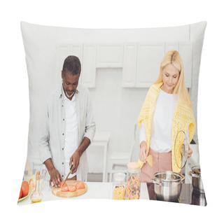 Personality  African American Man And Mature Woman Preparing Dinner Together Pillow Covers