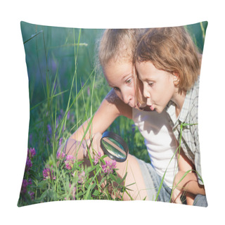 Personality  Two Happy Children  Playing In The Park At The Day Time. Pillow Covers