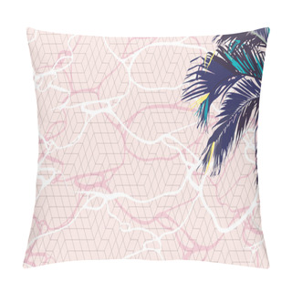 Personality  Flat Minimal Swimming Pool, Illusion Sometric Tiles And Palm Tree, Simple Aesthetic Illustration Background Pillow Covers