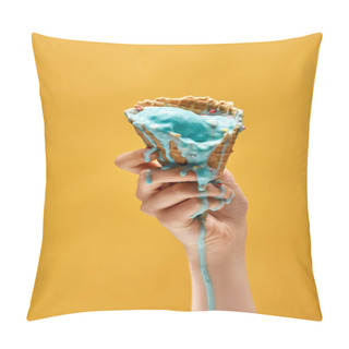 Personality  Cropped View Of Woman Holding Melted Blue Ice Cream In Crispy Waffle Cone Isolated On Yellow Pillow Covers