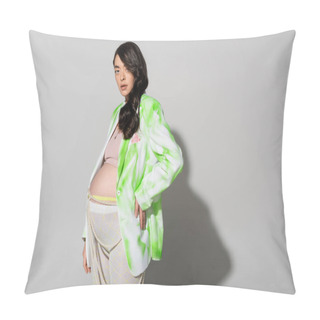 Personality  Future Mother With Wavy Brunette Hair, In Green And White Jacket, Crop To And Leggings, Posing With Hand On Hip On Grey Background, Fashionable Pregnancy Concept Pillow Covers