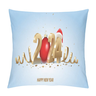 Personality  Happy New Year 2024. Golden 3D Numbers With Santa Hat, Red Christmas Ball And Confetti On A Light Blue Background. Pillow Covers