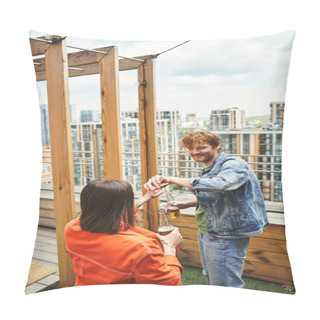 Personality  A Man And A Woman Stand On Top Of A Roof, Looking Out At The City Below, Hand In Hand Pillow Covers