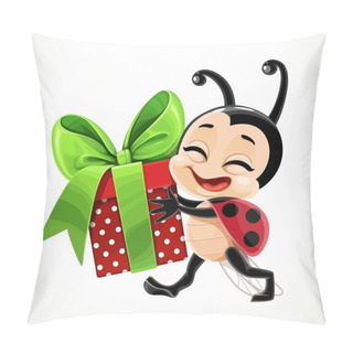 Personality  Cute Cartoon Little Ladybug Carries A Gift In Red Box And With A Green Bow On White Background Pillow Covers