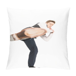 Personality  Selective Focus Of Young Businessman Making Kick Isolated On White Pillow Covers
