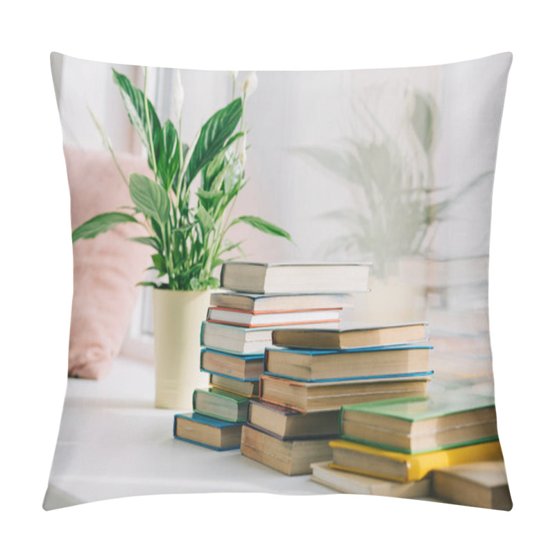Personality  Potted Plant With Green Leaves And Books On Windowsill Pillow Covers