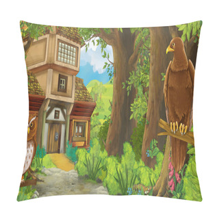Personality  Funny Cartoon Summer Scene With Eagle Bird With Path In The Forest - Illustration For Children Pillow Covers