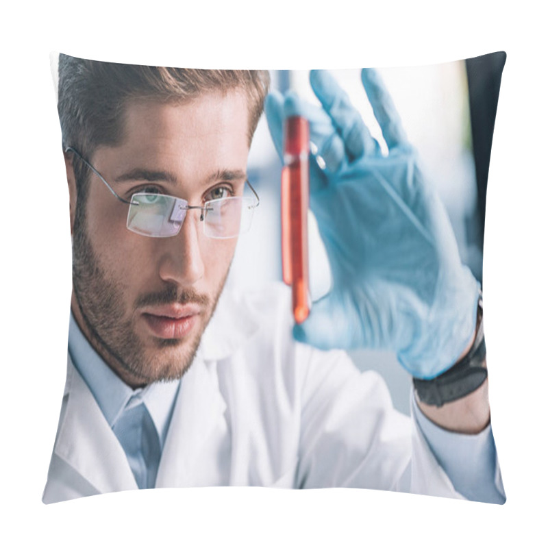 Personality  Selective Focus Of Bearded Immunologist In Glasses Holding Test Tube With Red Liquid  Pillow Covers