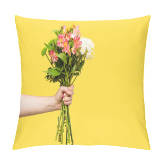 Personality  Cropped Shot Of Person Holding Beautiful Bouquet Of Flowers Isolated On Yellow Pillow Covers