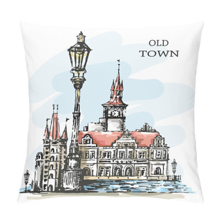 Personality  Hand Drawn Old Town. Beautiful Town View. Old Architecture. Cute Buildings, Vintage Lantern And Bay. Sketch. Beautiful Landscape. Vector Illustration.  Pillow Covers