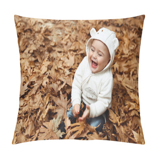 Personality  Portrait Of A Little Baby Boy Laughing, Sitting On The Ground Covered With Dry Tree Leaves In The Forest, Enjoying Autumn Nature Pillow Covers