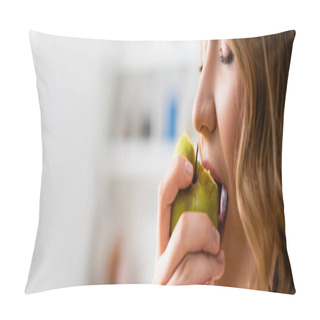 Personality  Panoramic Shot Of Woman With Closed Eyes Eating Apple Pillow Covers