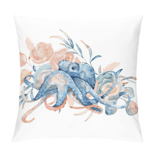 Personality  Watercolor Illustration Of Octopus In Blue Color With Floral Composition Isolated On White Background Pillow Covers