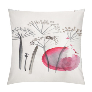Personality  Top View Of Paper With Japanese Painting With Flowers And Pink Circle On Wooden Background Pillow Covers