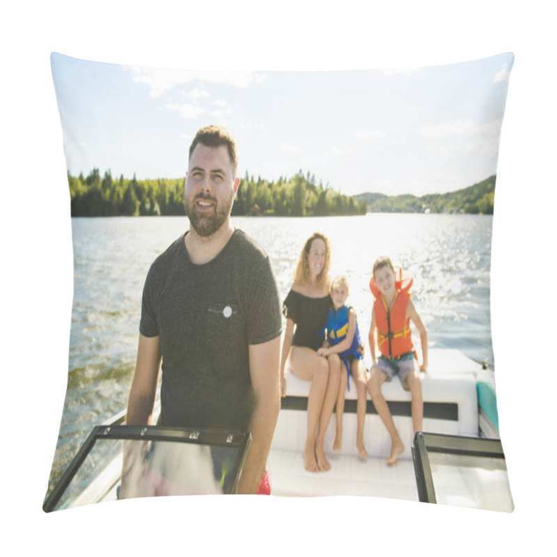 Personality  Man driving boat on holiday with his son kids and his wife pillow covers