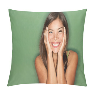 Personality  Surprised Woman On Green Background. Pillow Covers
