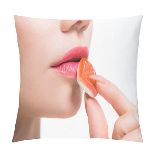 Personality  Cropped View Of Woman Holding Orange Jelly Candy Near Lips On White  Pillow Covers