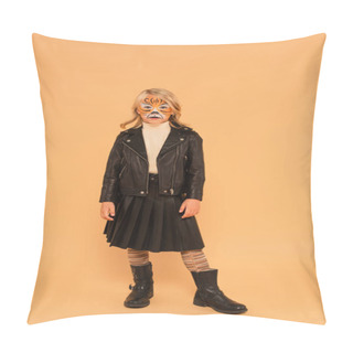 Personality  Girl In Tiger Face Painting, Black Leather Jacket, Boots And Pleated Skirt Posing On Beige Pillow Covers