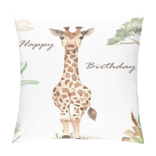 Personality  Cute Animal Giraffe, Illustration, Savanna Watercolor Happy Birthday Card Pillow Covers