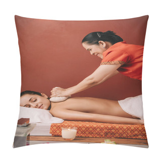 Personality  Side View Of Asian Masseur Doing Back Massage With Herbal Balls To Woman In Spa Pillow Covers